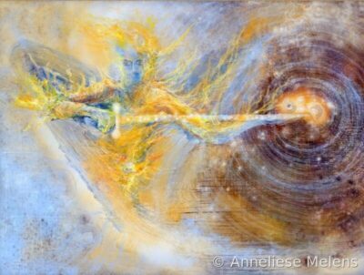 Aartsengel Michaël kunstprint met lichtend zwaard en kosmische energie in blauw en goud
