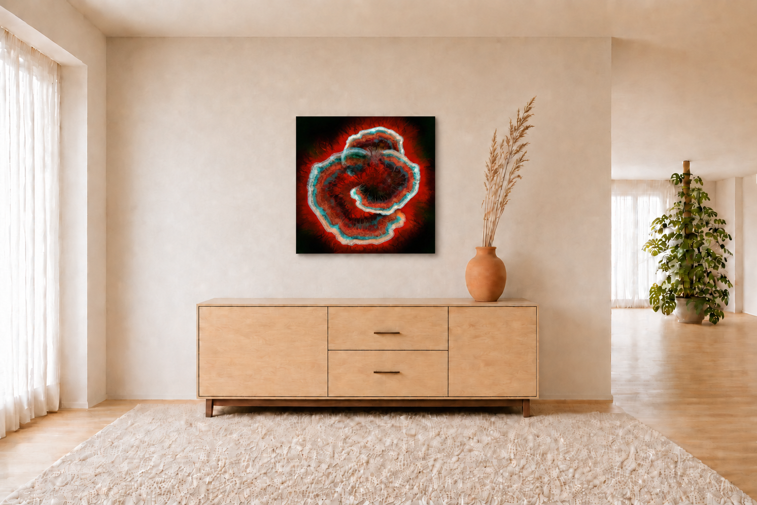 kunst innerlijk vuur van transformatie opgehangen boven dressoir