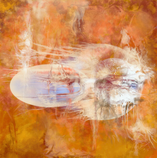 Abstracte digitale kunstprint Geboorte van een nieuwe wereld in warme oranje tinten