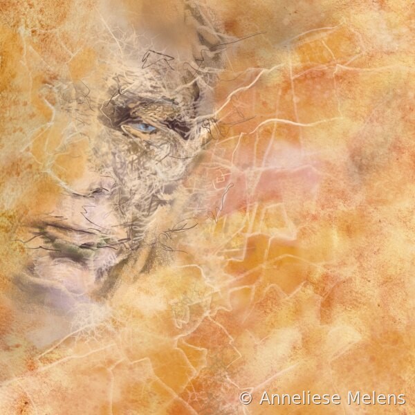Kristalportret Hessoniet in warme oranje, goudgele en beige tinten